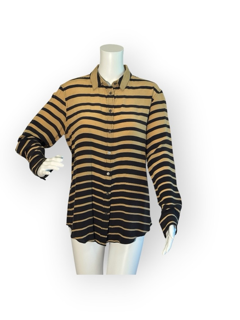 J. McLaughlin Classic 100% Silk Black and Tan Striped Button-Up Shirt - Women M